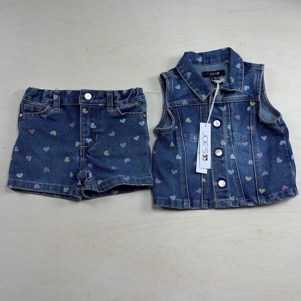 Joe's Jeans Toddler Girls 3T Denim Vest and Shorts Set Blue Heart Print NWT